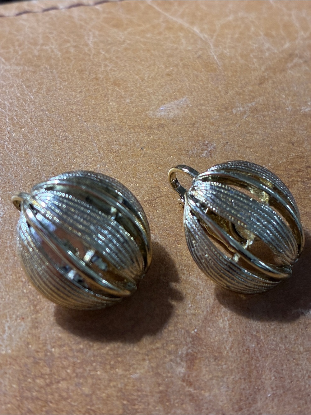 Gold Textured Orb Drop Earrings - Women Jewelry clip 1960s vintage